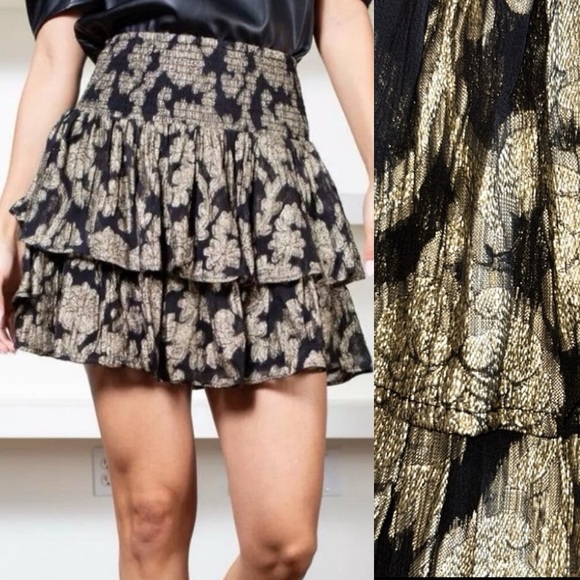 Elan Bella Tiered Mini Skirt Large Black Gold - Picture 1 of 9